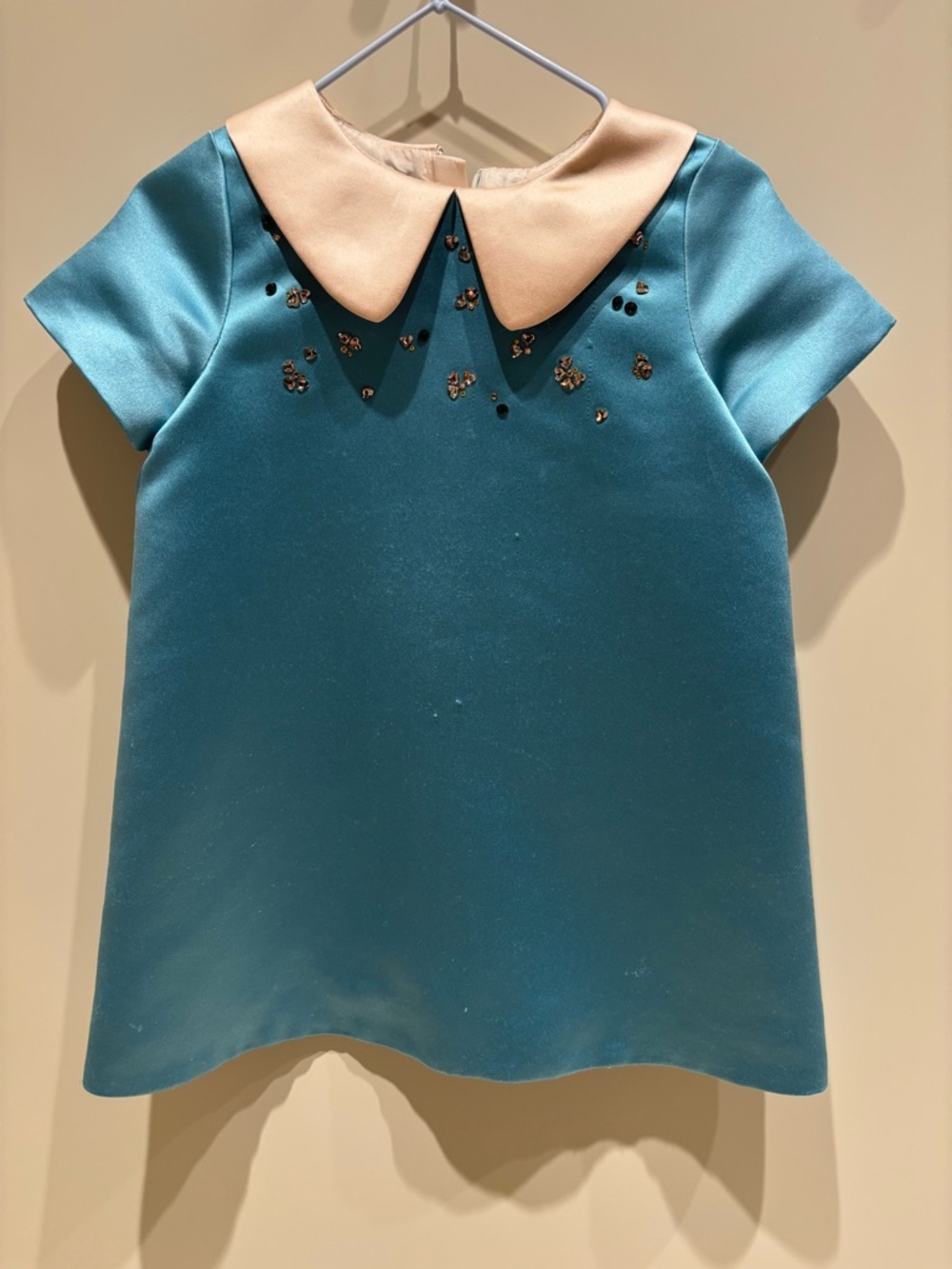 Hucklebones London Teal Satin Short Sleeve Dress Peter Pan Collar formal